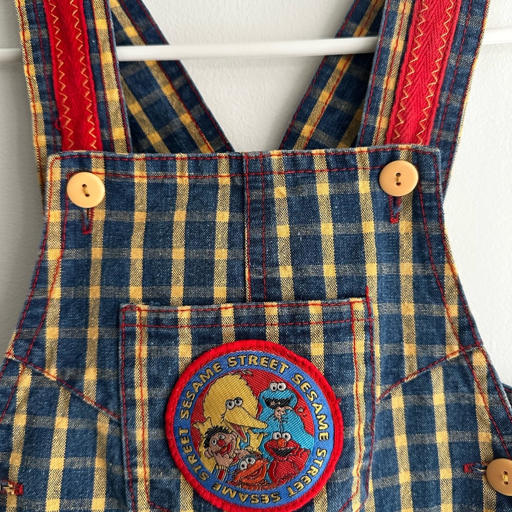 Vintage Sesame Street Plaid patch kids shortalls - Picture 2 of 5